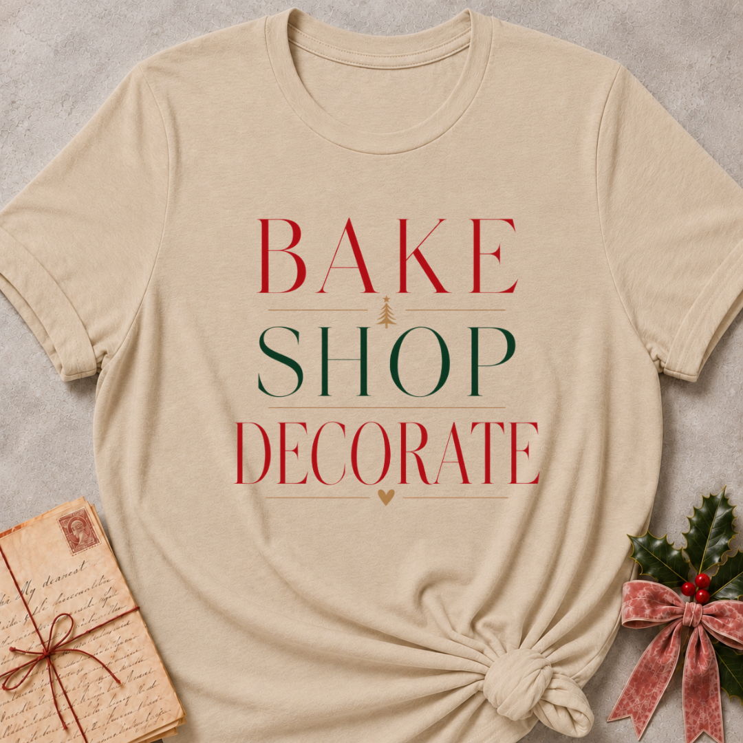 Heather Stone women's relaxed fit tee with Bake Shop Decorate design in red and green lettering