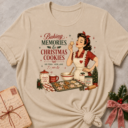 Heather stone relaxed fit tee with a retro baker and a tray of Christmas cookies