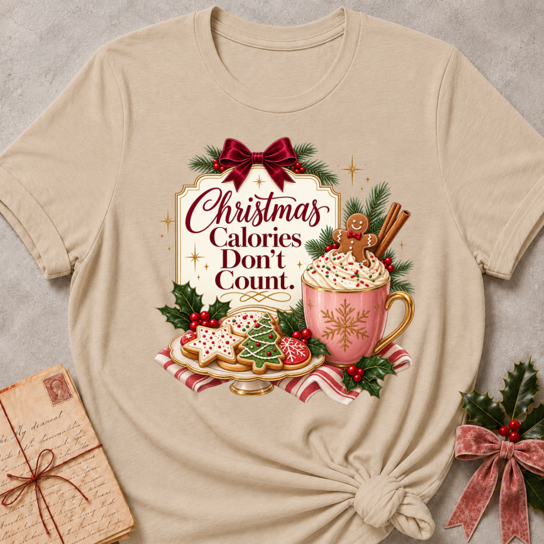 Heather Stone relaxed fit tee with Christmas Calories Don't Count lettering, frosted cookies, a cocoa mug with a gingerbread man and a burgundy bow