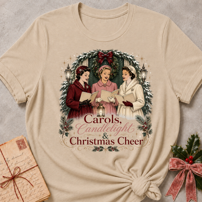 Heather stone relaxed fit tee with three vintage carolers by lantern light