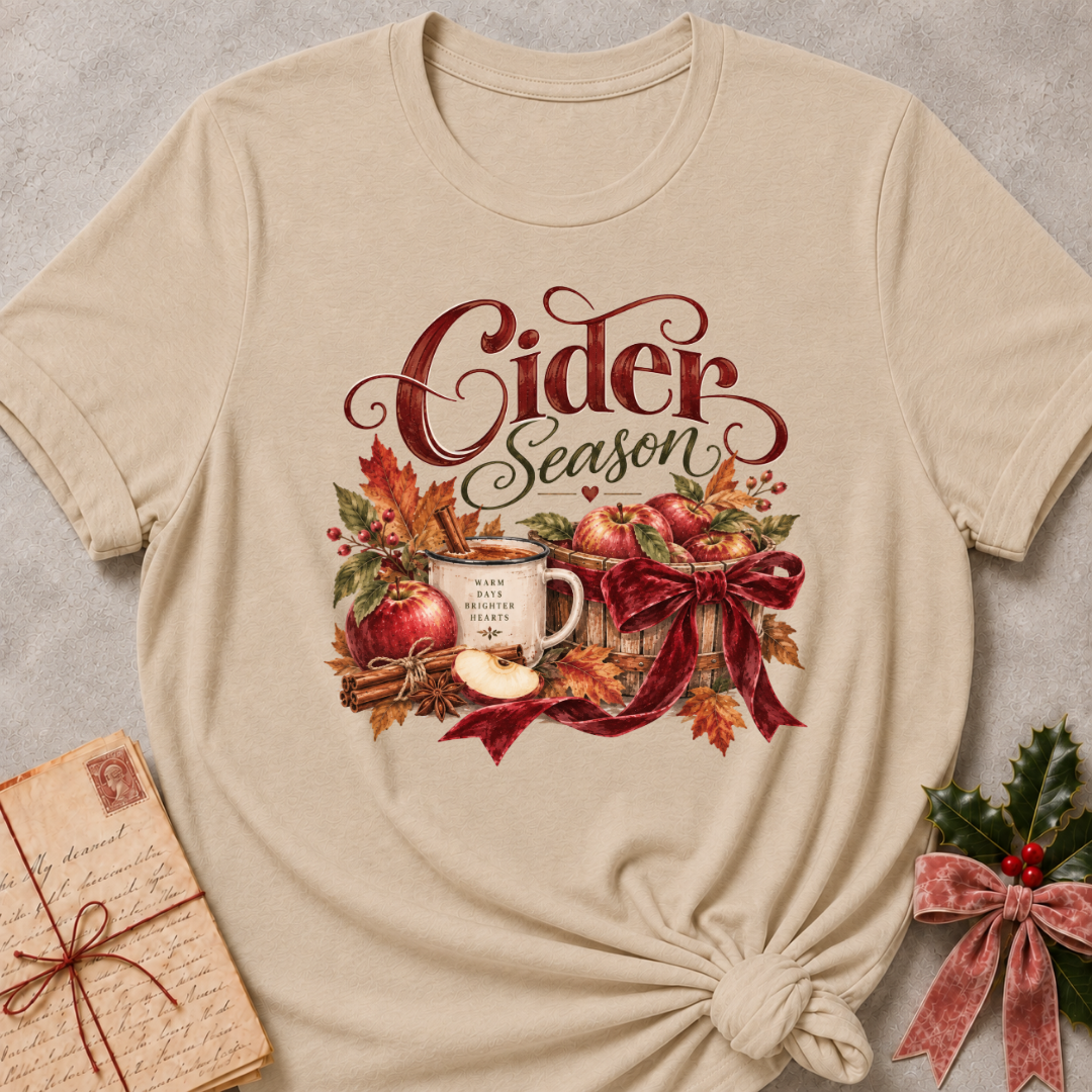 Heather stone women's relaxed tee with a Cider Season script design with a cider mug, red apples, cinnamon sticks, and a burgundy ribbon bow