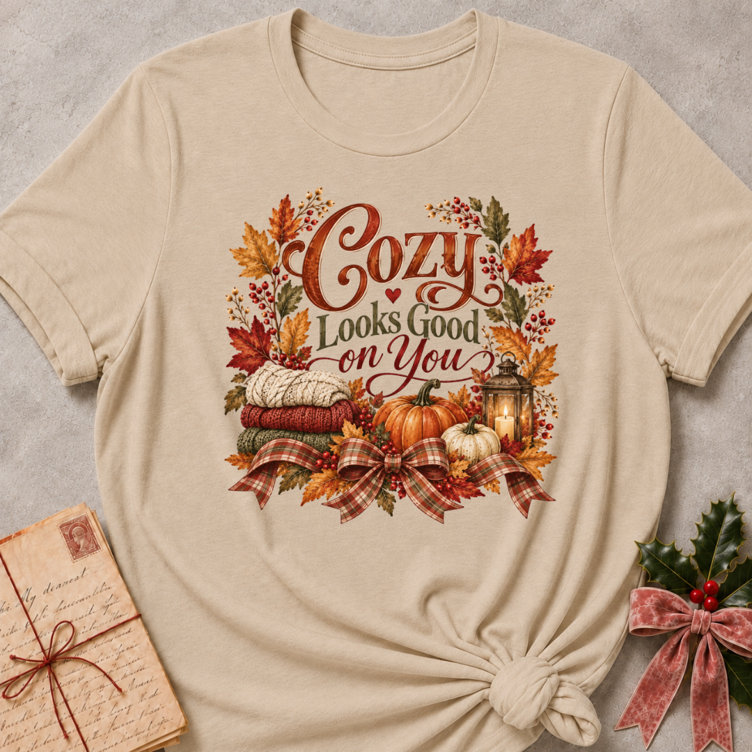 Heather Stone relaxed fit tee with Cozy Looks Good on You lettering, stacked knit sweaters, pumpkins, a glowing lantern and a plaid bow