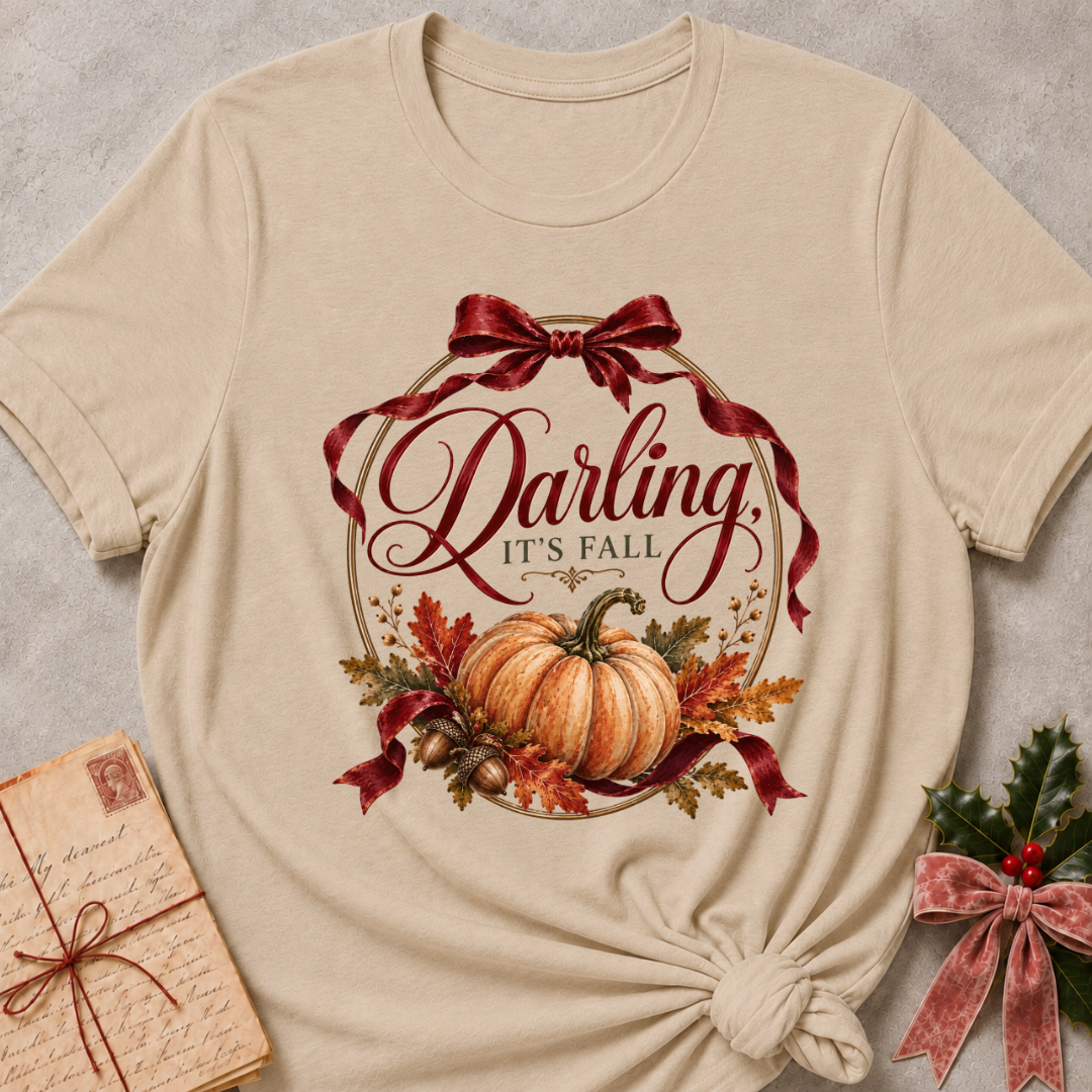 Heather stone women's relaxed tee with a vintage Darling It's Fall script design framed by a gold wreath, a burgundy ribbon bow, and a harvest pumpkin
