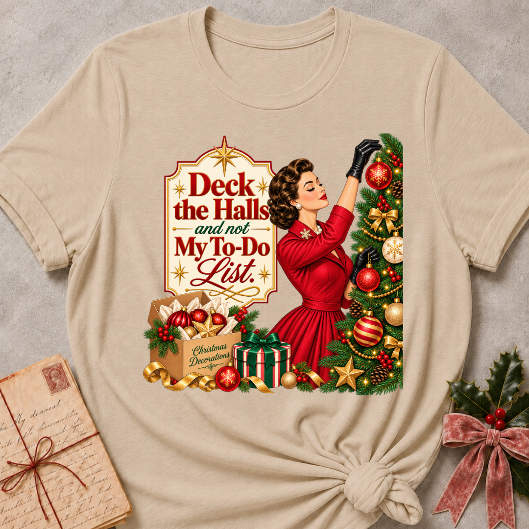 Heather Stone relaxed fit tee with Deck the Halls and not My To-Do List lettering, a vintage woman in red trimming an ornament-covered tree