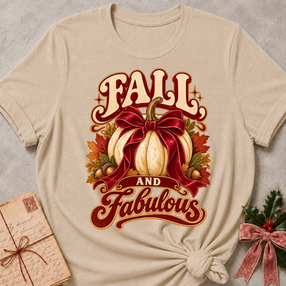 Heather Stone relaxed fit tee with a white pumpkin, burgundy bow, golden acorns and Fall and Fabulous lettering