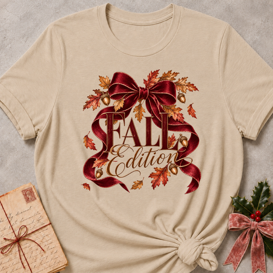 Heather stone women's relaxed tee with a Fall Edition script design wrapped in a burgundy satin bow with autumn leaves and acorns