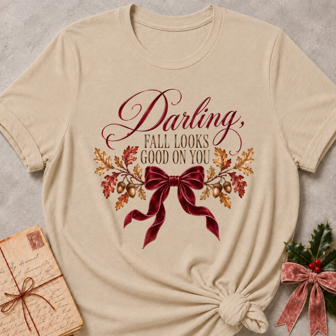 Heather stone women's relaxed tee with a Darling, Fall Looks Good On You script design with a burgundy velvet bow, oak leaves, and acorns
