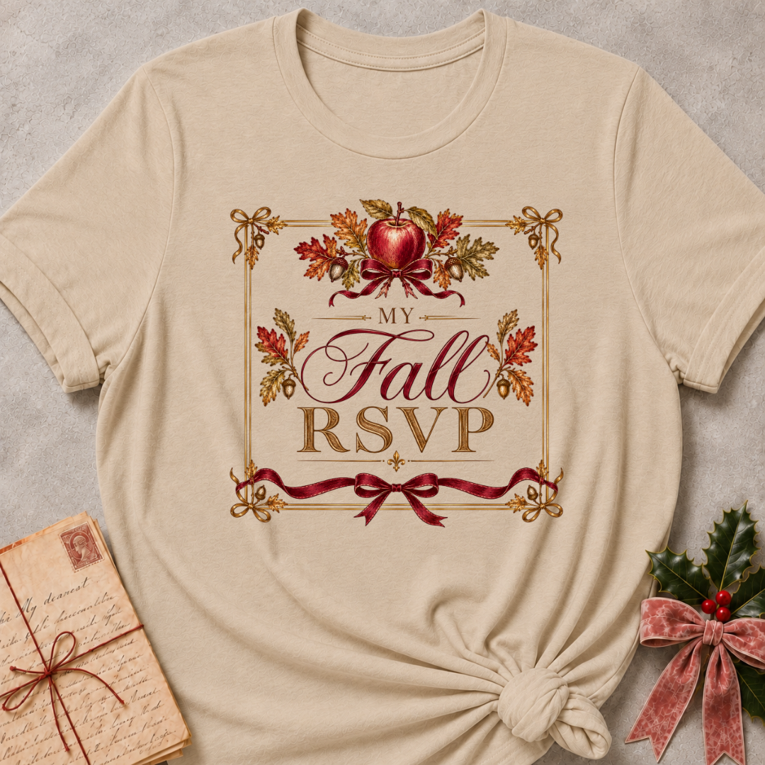 Heather Stone relaxed fit tee with a vintage My Fall RSVP crest, red apple, oak leaves and a burgundy bow