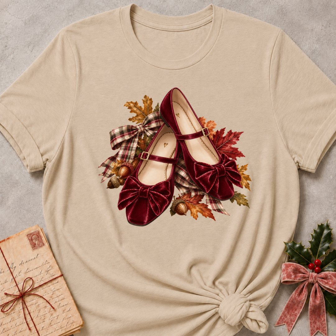 Heather Stone relaxed fit tee with a row of autumn boots, falling leaves and a bow