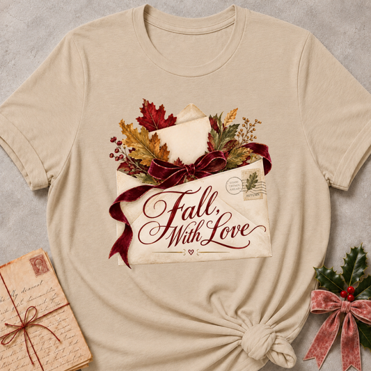 Heather stone women's relaxed tee with a Fall, With Love script design on a vintage envelope with autumn leaves and a burgundy ribbon bow