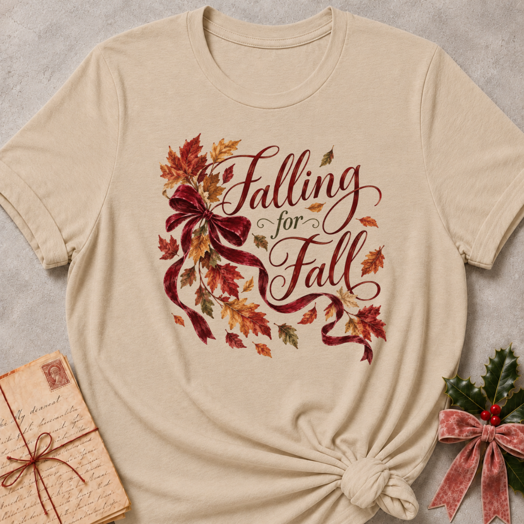 Heather Stone relaxed fit tee with Falling for Fall script, a burgundy velvet bow and swirling autumn leaves