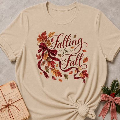 Heather Stone relaxed fit tee with Falling for Fall script, a burgundy velvet bow and swirling autumn leaves