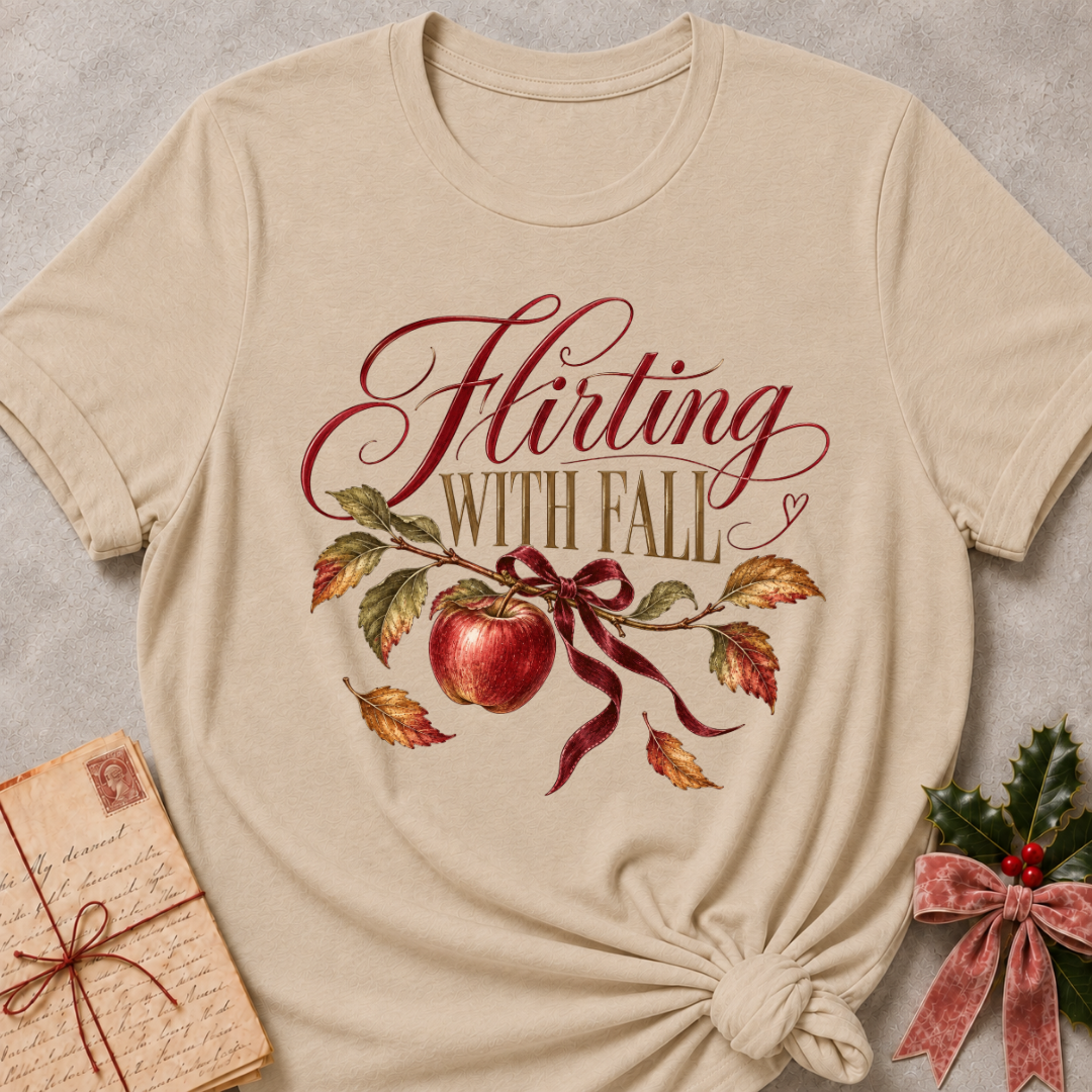 Heather stone women's relaxed tee with Flirting With Fall script above a red apple on a leafy branch tied with a burgundy ribbon