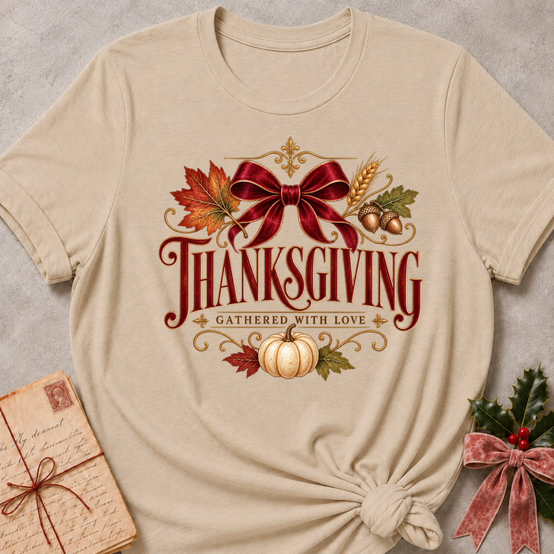 Heather Stone Thanksgiving Gathered With Love tee with a vintage red bow, autumn leaves and a white pumpkin