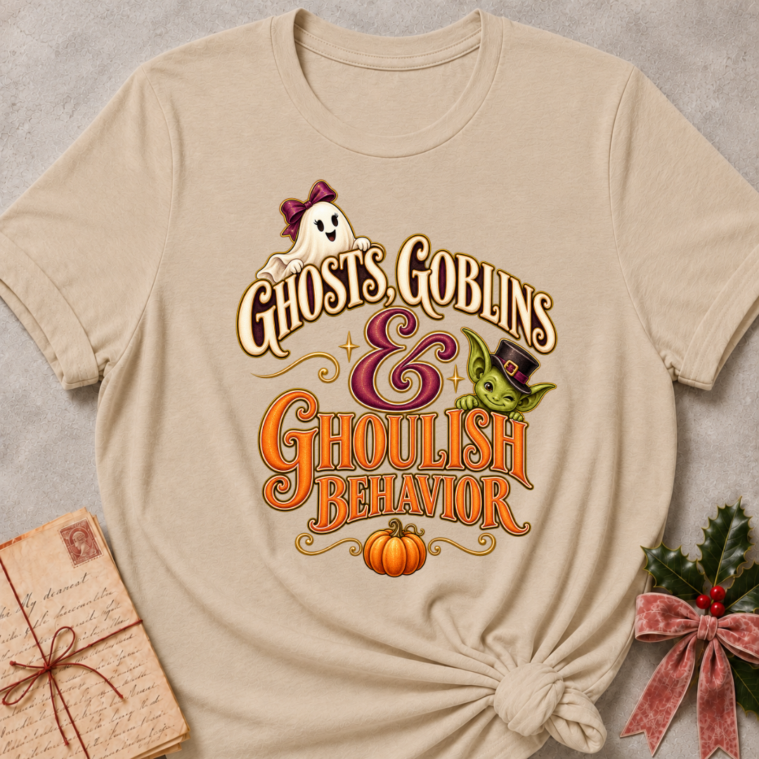 Heather Stone Ghosts, Goblins and Ghoulish Behavior tee with a bow wearing ghost, a peeking goblin and a little pumpkin