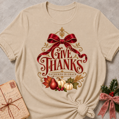 Heather Stone Give Thanks tee with a satin red bow, pears, pumpkins and gold filigree harvest design