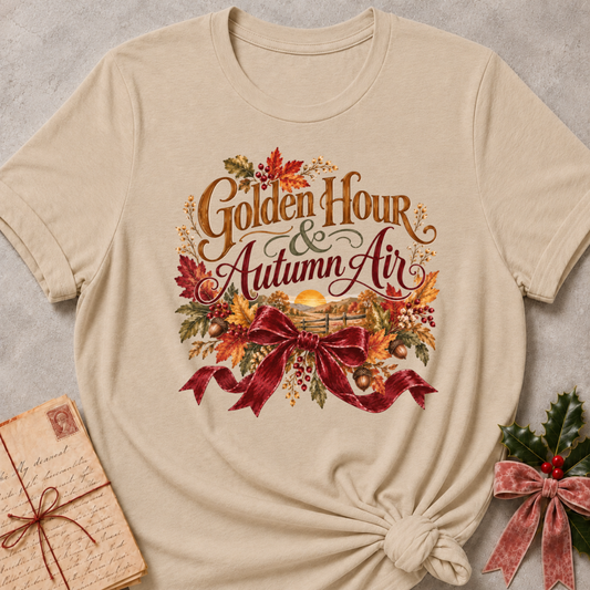 Heather Stone relaxed fit tee with Golden Hour and Autumn Air lettering, a sunset over a wooden fence, fall leaves and a burgundy bow