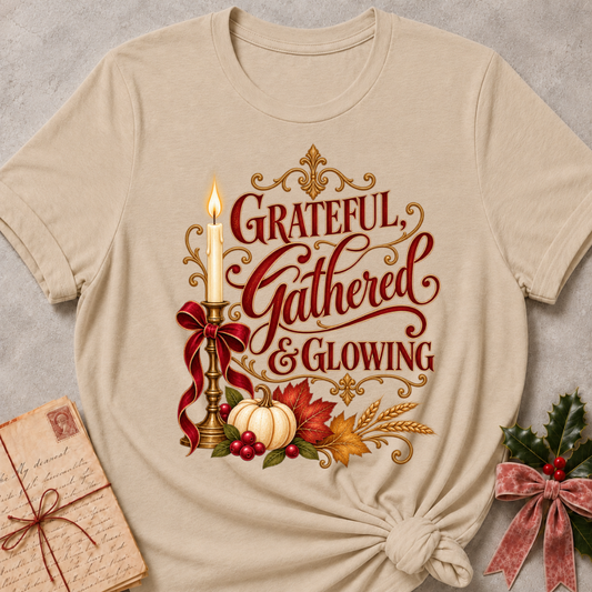 Heather Stone Grateful, Gathered and Glowing tee with a candlelit bow, pumpkins and autumn leaves