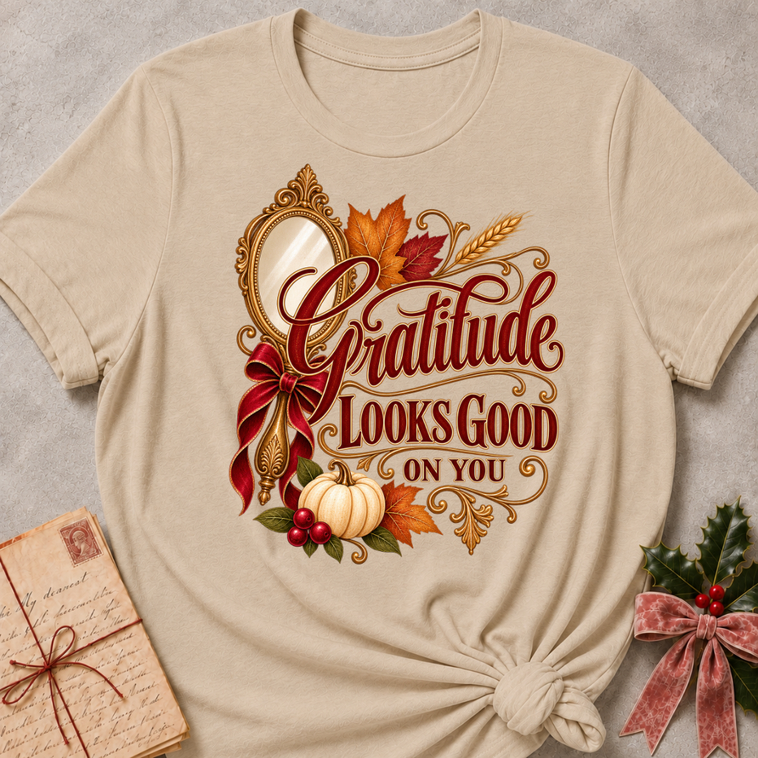 Heather Stone Gratitude Looks Good On You tee with a gilded vintage mirror, red bow and autumn harvest details