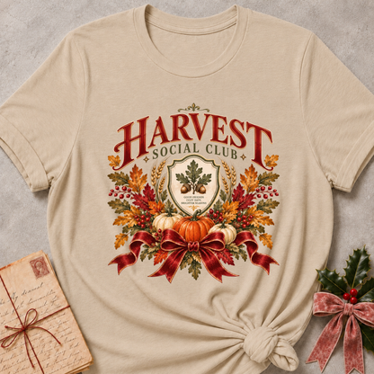 Heather stone women's relaxed tee with a vintage Harvest Social Club crest with an oak leaf shield, pumpkins, autumn leaves, and a plaid ribbon bow