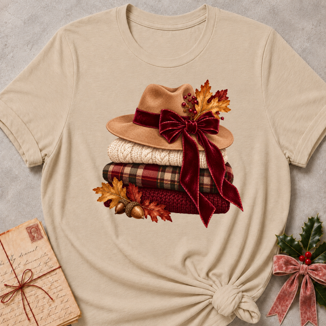 Heather Stone relaxed fit tee with stacked knit sweaters, cozy hats and a plaid bow