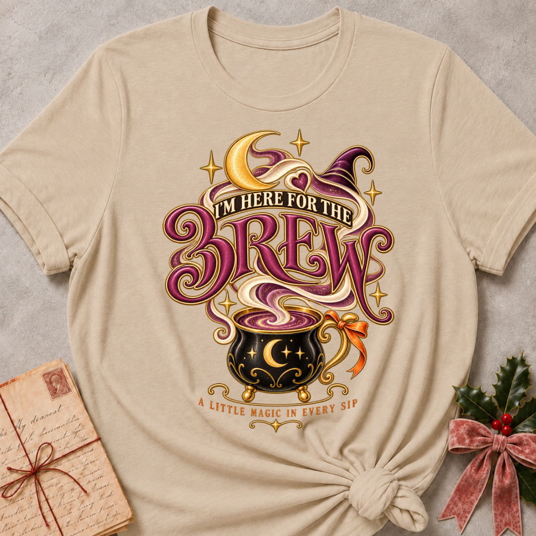 Heather Stone I'm Here For The Brew tee with a moonlit cauldron mug, crescent moon and witch's hat in plum and gold