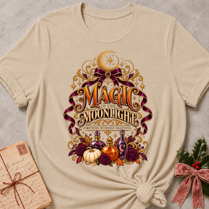 Heather Stone Magic in the Moonlight tee with a crescent moon, velvet ribbon, potion bottles and deep plum roses