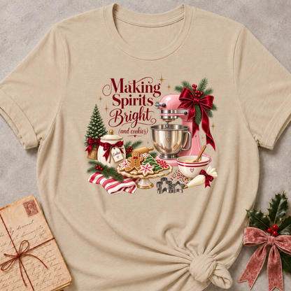 Heather stone relaxed fit tee with a vintage Christmas baking scene and Making Spirits Bright lettering