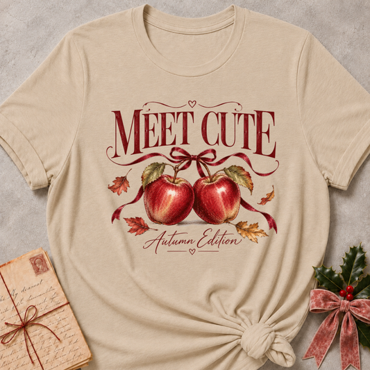 Heather Stone relaxed fit tee with Meet Cute Autumn Edition lettering, two red apples and a burgundy bow