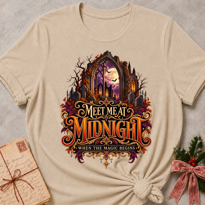 Heather Stone Meet Me at Midnight tee with a moonlit Gothic arch, fluttering bats and jewel toned autumn leaves