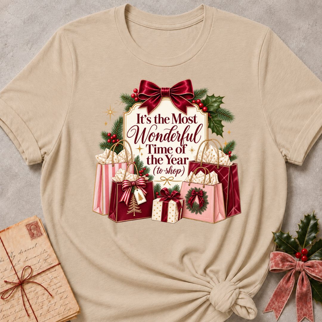 Heather Stone relaxed fit tee with It's the Most Wonderful Time of the Year to Shop lettering, a burgundy velvet bow, holly and stacked gift bags