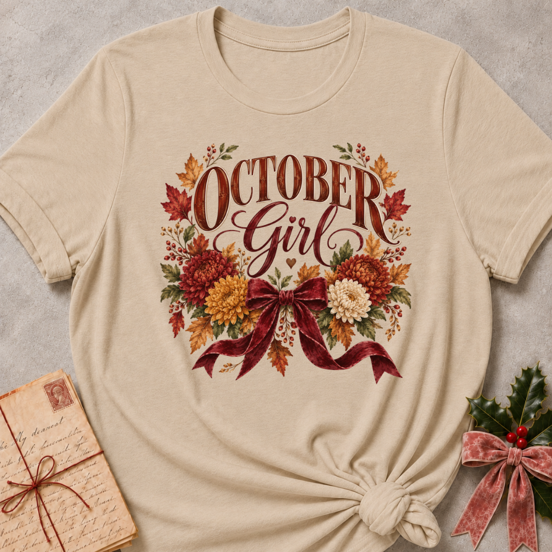 Heather stone women's relaxed tee with an October Girl script design with rust and gold mums, autumn leaves, and a burgundy velvet bow