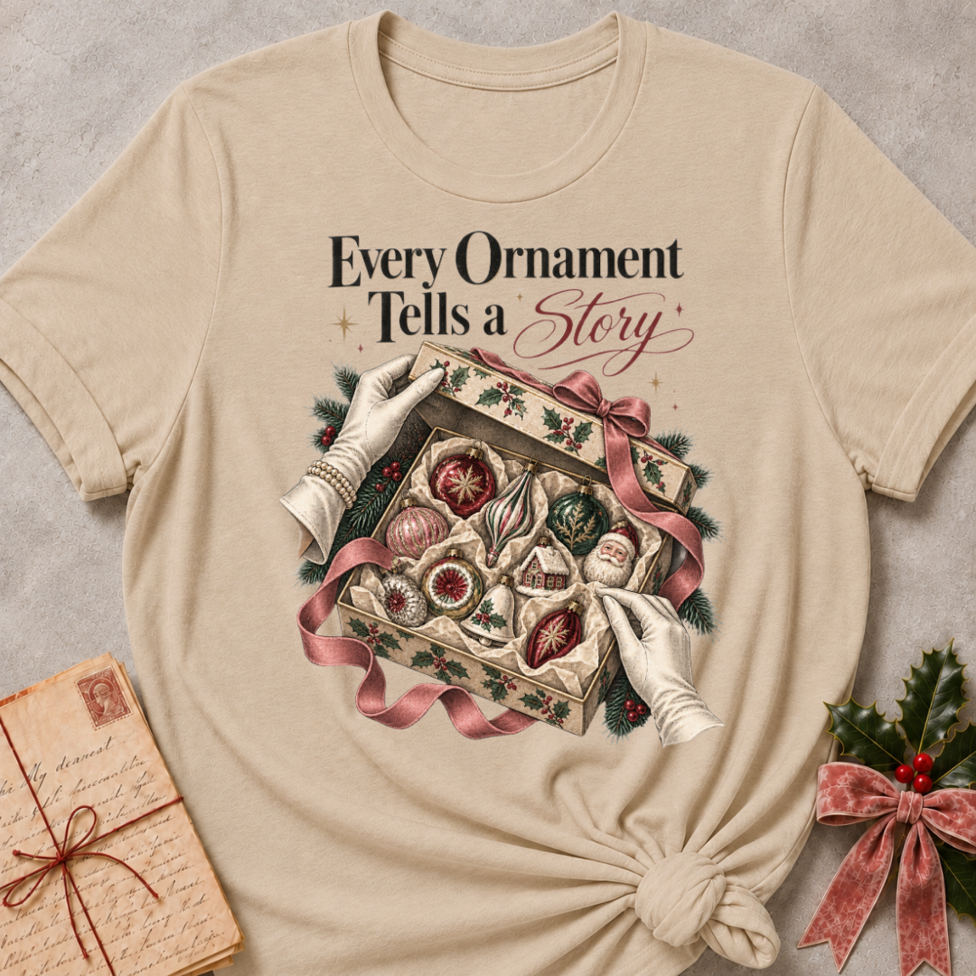 Heather Stone relaxed fit tee with Every Ornament Tells a Story lettering, gloved hands lifting the lid on a keepsake box of vintage ornaments