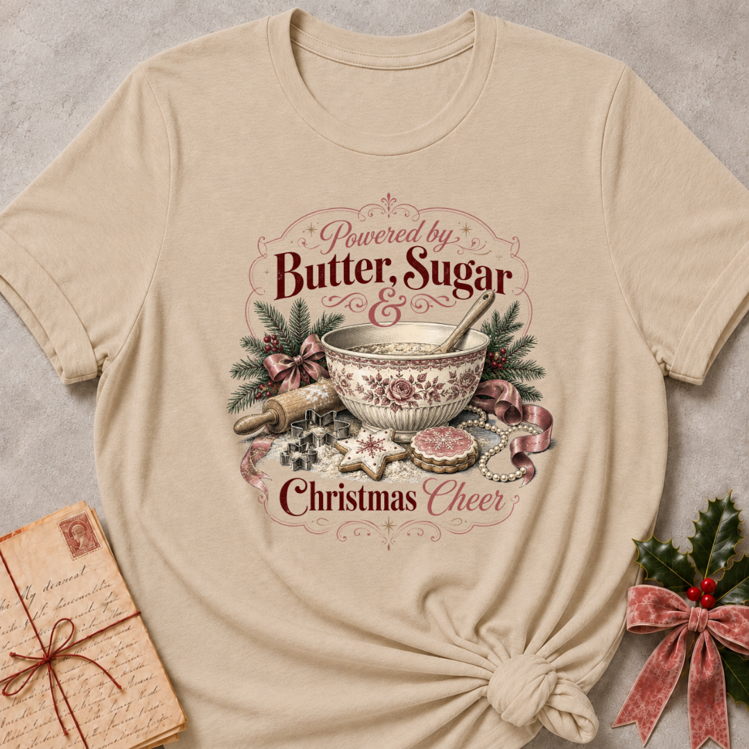 Heather stone relaxed fit tee with a vintage mixing bowl and Christmas greenery