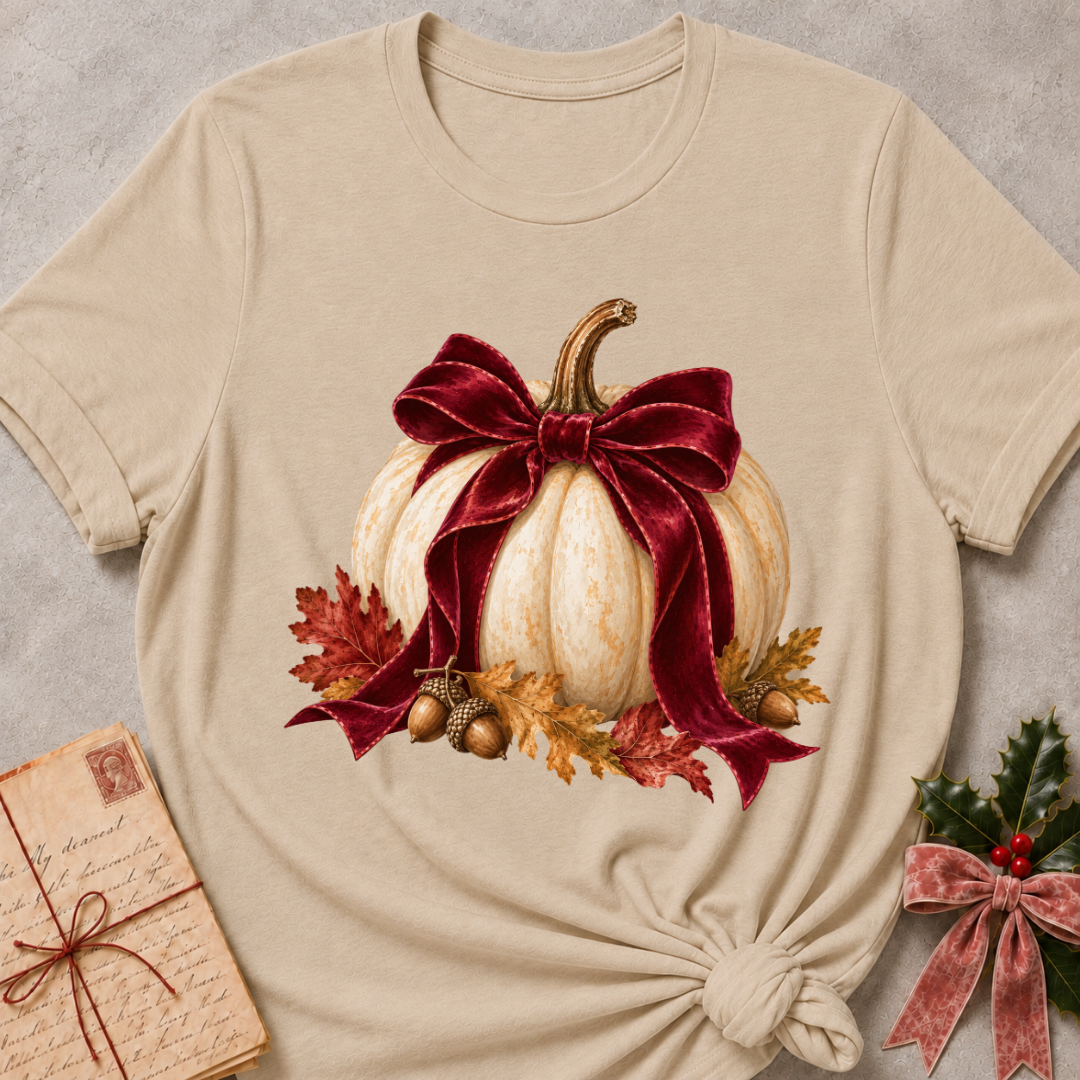 Heather stone women's relaxed tee with a cream pumpkin wrapped in an oversized burgundy velvet bow, acorns, and autumn leaves