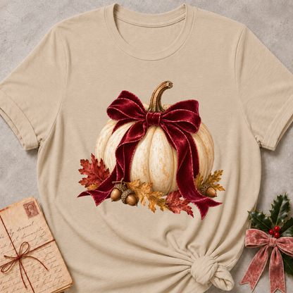 Heather stone women's relaxed tee with a cream pumpkin wrapped in an oversized burgundy velvet bow, acorns, and autumn leaves
