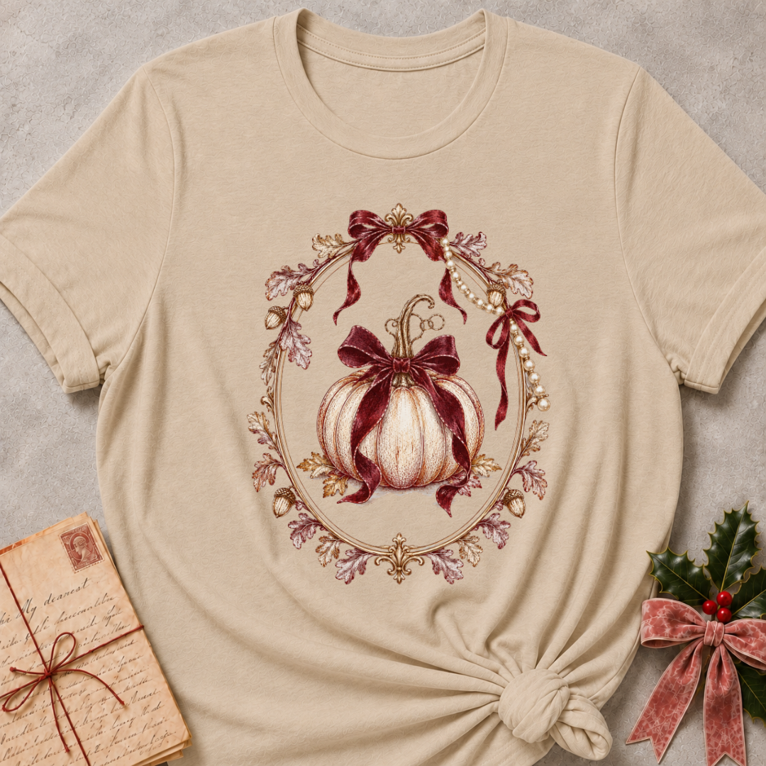 Heather stone women's relaxed tee with a cream heirloom pumpkin tied in burgundy bows inside an ornate gold mirror frame with pearls and oak leaves