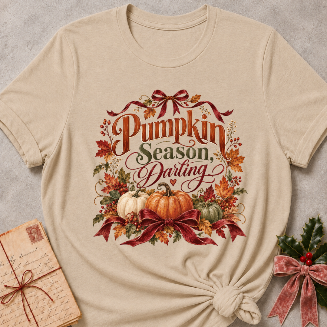 Heather stone women's relaxed tee with a Pumpkin Season, Darling script design with heirloom pumpkins, autumn leaves, and burgundy ribbon bows