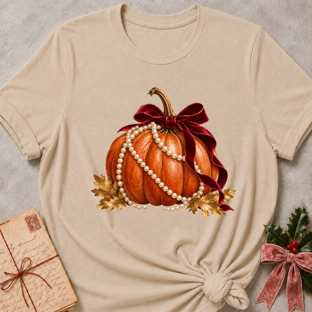 Heather stone women's relaxed tee with an orange pumpkin draped in pearls with a burgundy velvet bow and golden autumn leaves