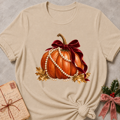 Heather stone women's relaxed tee with an orange pumpkin draped in pearls with a burgundy velvet bow and golden autumn leaves