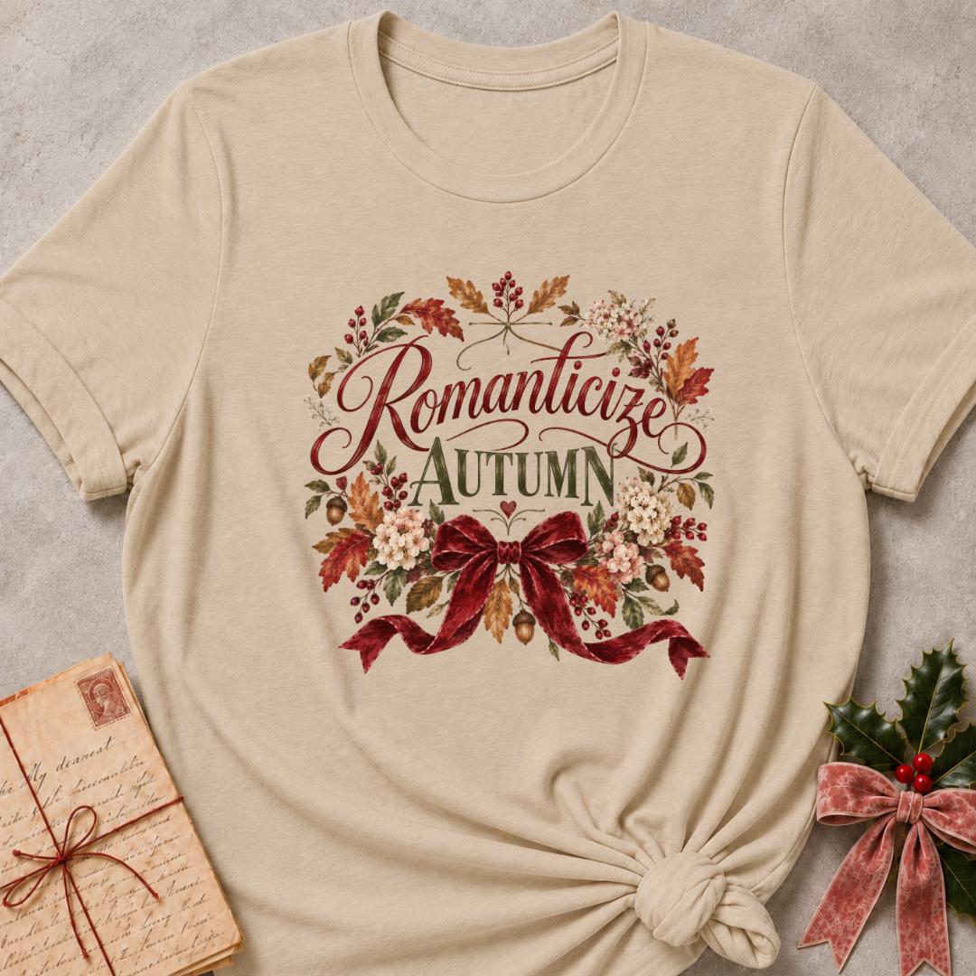 Heather Stone relaxed fit tee with Romanticize Autumn script lettering, autumn leaves, cream blooms and a burgundy velvet bow