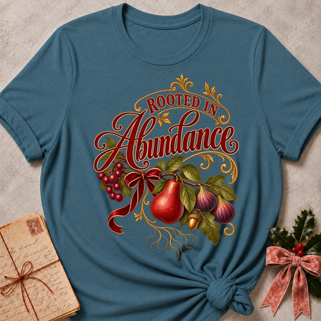 Heather Stone relaxed fit tee with Rooted in Abundance script, pears, figs, grapes and an acorn on golden roots with a deep red bow
