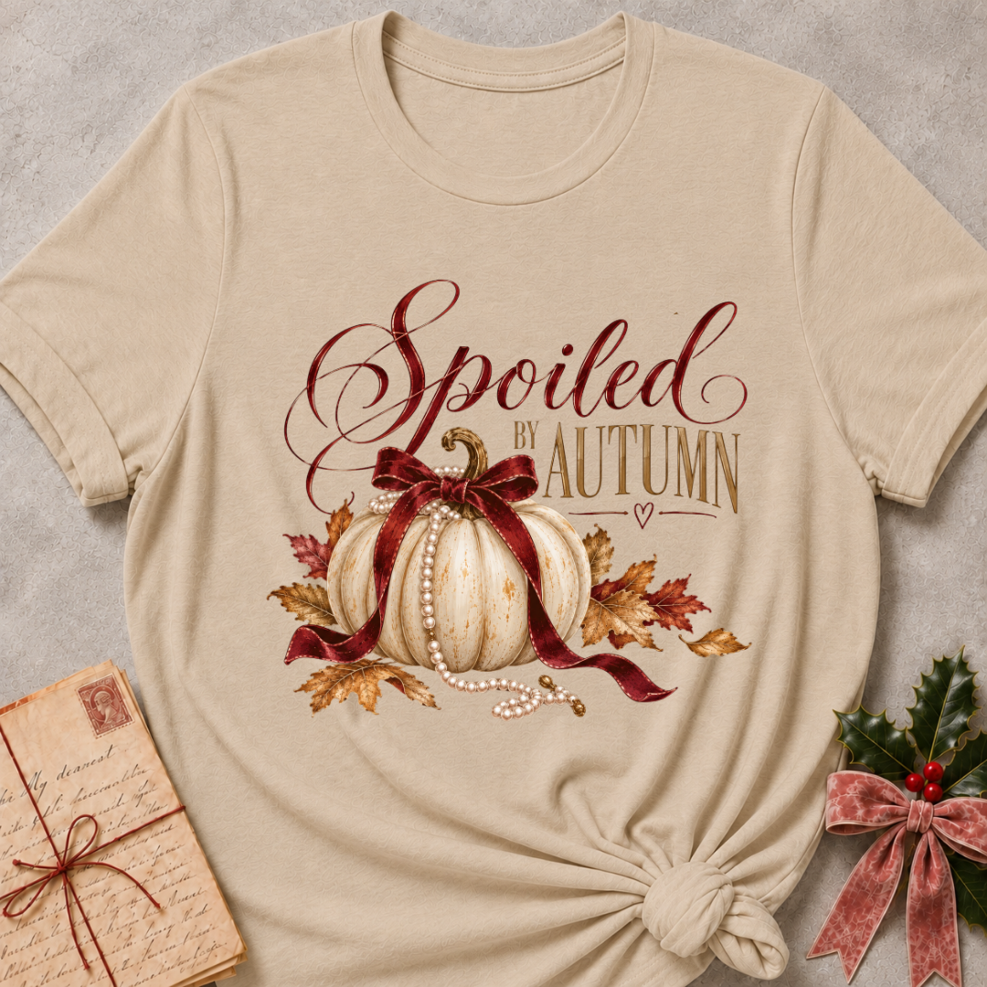 Heather stone women's relaxed tee with Spoiled by Autumn script over a cream pumpkin tied in a burgundy velvet bow, pearls, and fall leaves