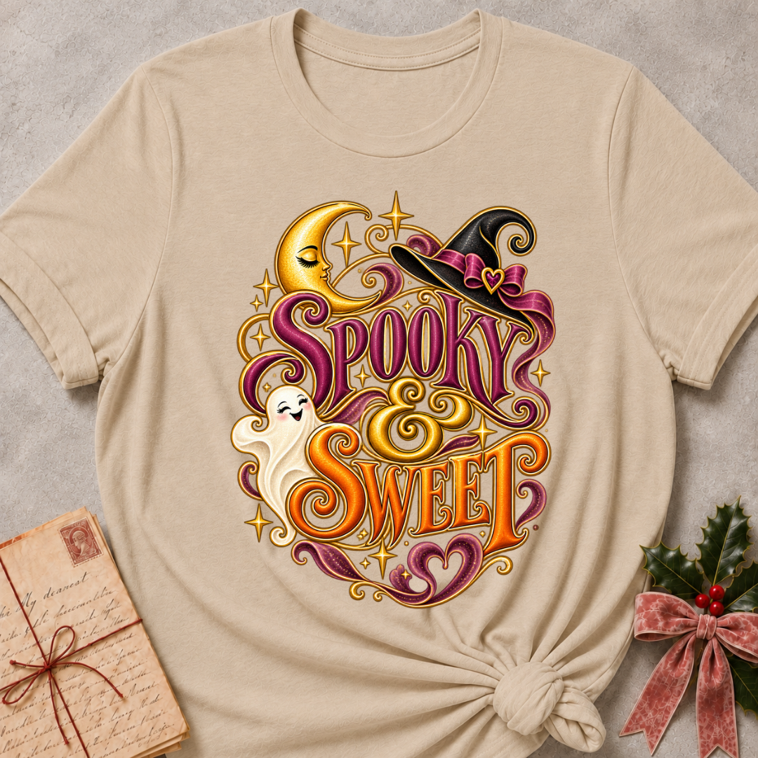 Heather Stone Spooky and Sweet tee with a smiling ghost, a sleepy golden moon and a witch's hat with a heart bow