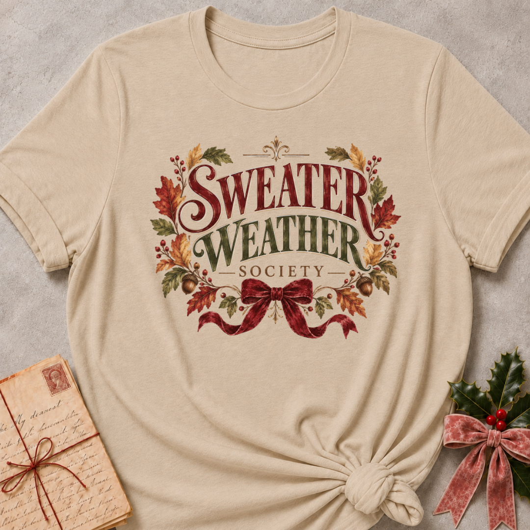 Heather Stone relaxed fit tee with vintage Sweater Weather Society lettering, autumn leaves, acorns and a velvet bow