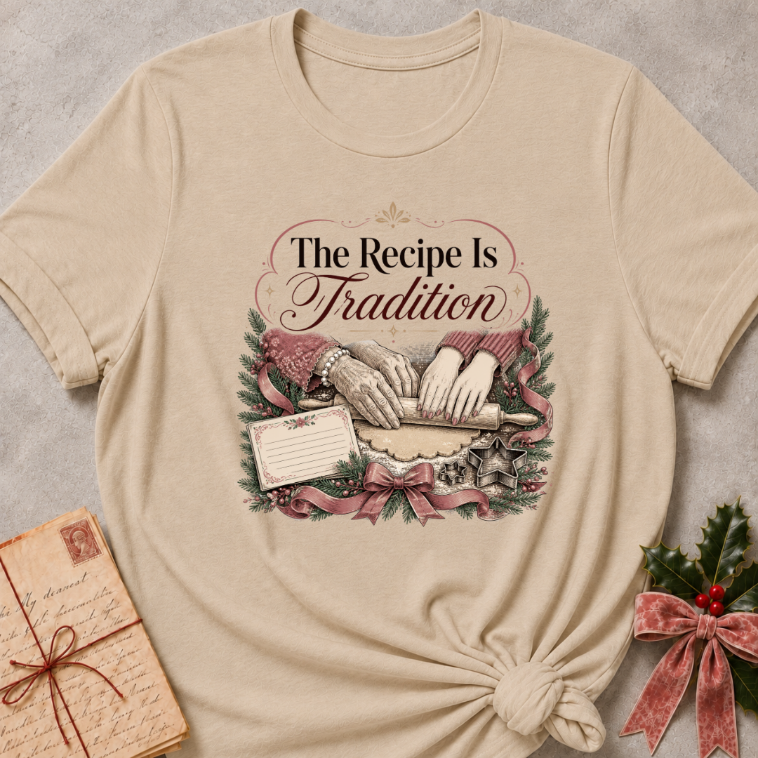 Heather stone relaxed fit tee with hands rolling dough and The Recipe Is Tradition lettering