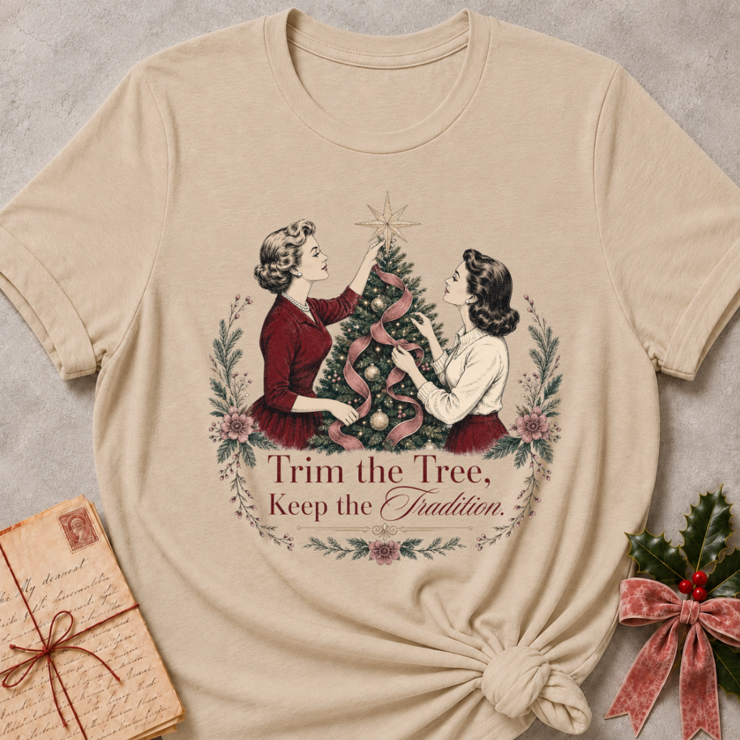 Heather stone relaxed fit tee with two vintage women trimming a Christmas tree and Trim the Tree Keep the Tradition lettering