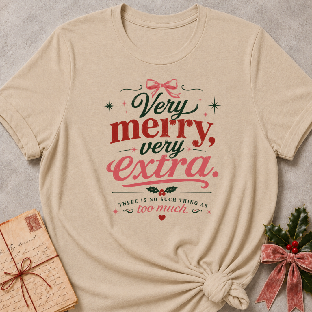 Heather Stone relaxed fit tee with Very Merry, Very Extra retro lettering, a pink bow, holly and scattered stars