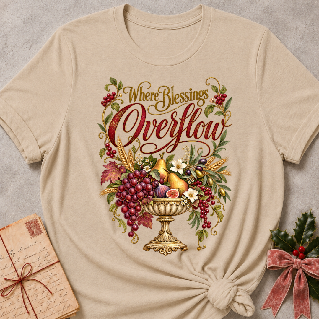 Heather Stone relaxed fit tee with Where Blessings Overflow script and a golden urn of grapes, pears, figs and wheat