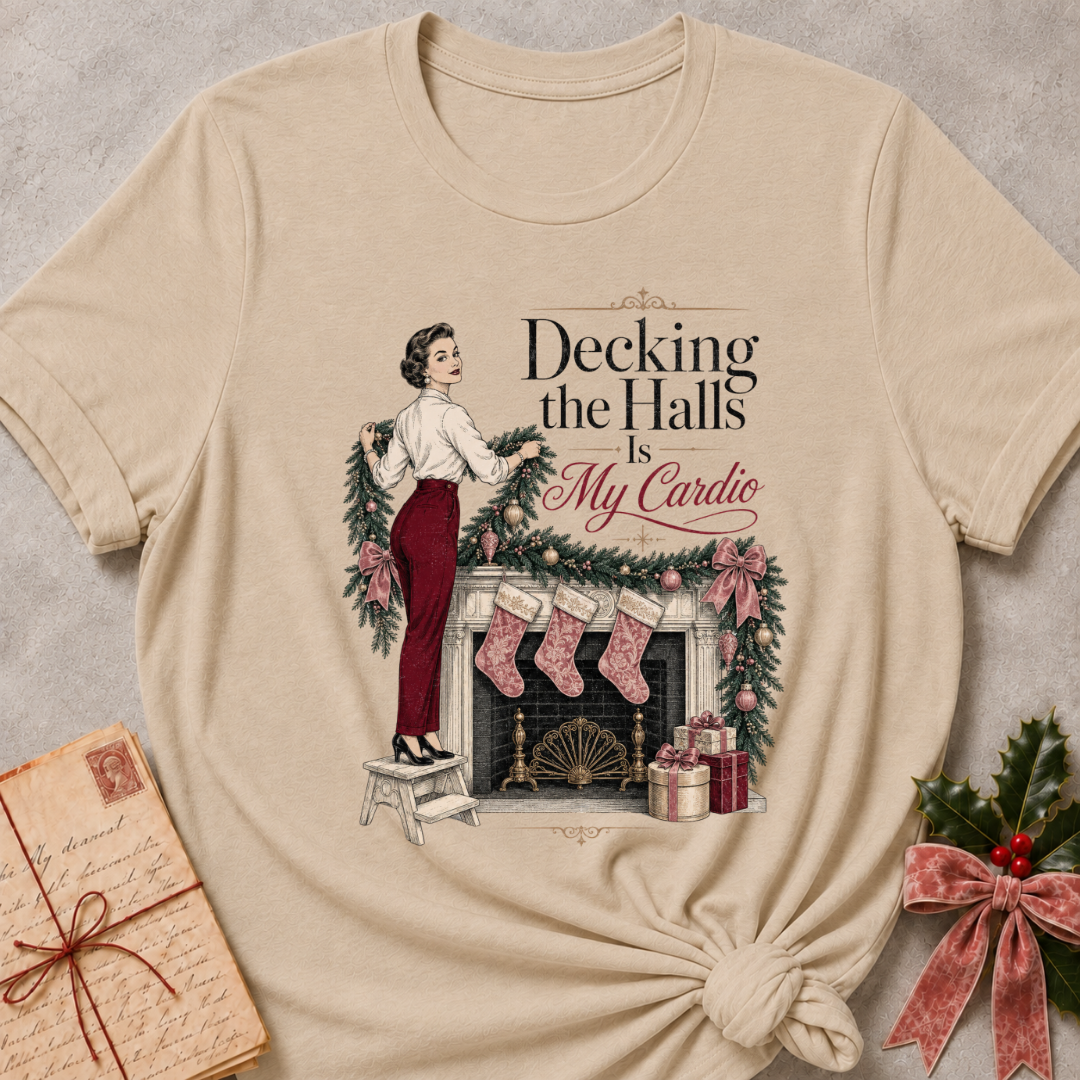Heather Stone relaxed fit tee with Decking the Halls Is My Cardio lettering, a vintage woman hanging garland above a mantel of stockings, bows and gifts